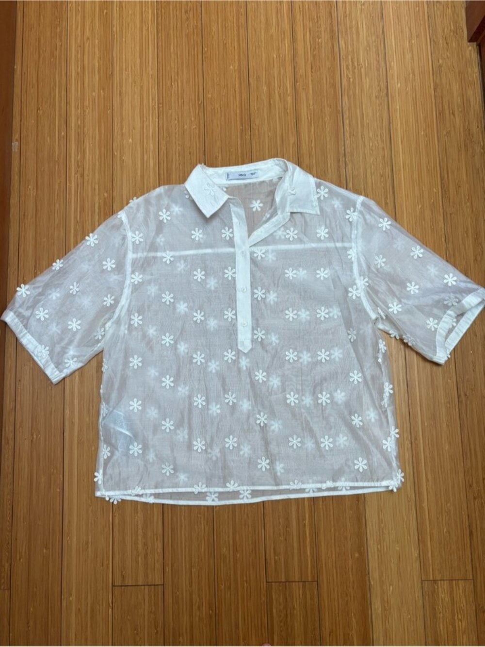 Mango White Sheer Floral Embroidered Button-Down Top